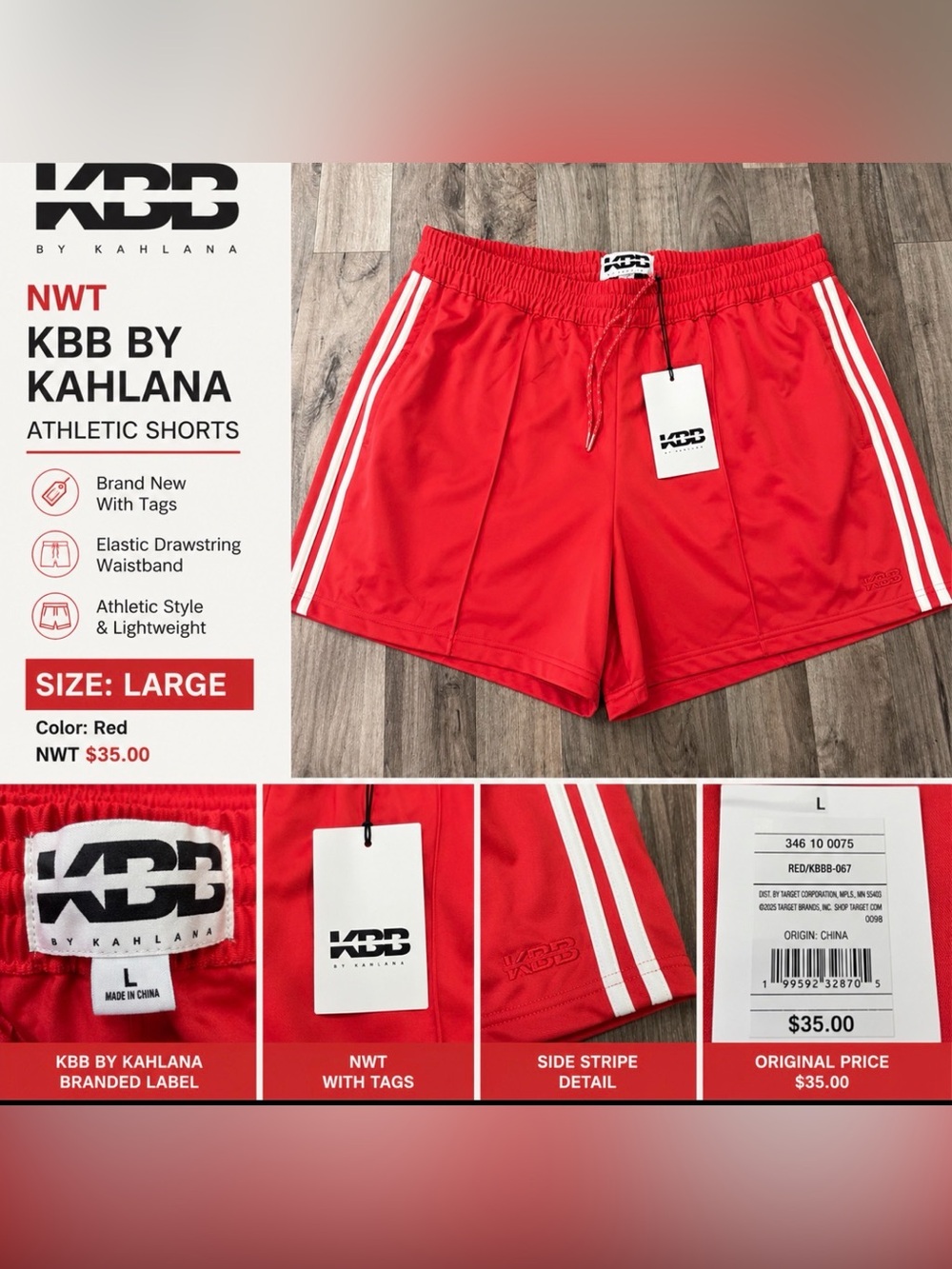 KBB by Kahlana Red Athletic Shorts – Women’s Large – NWT